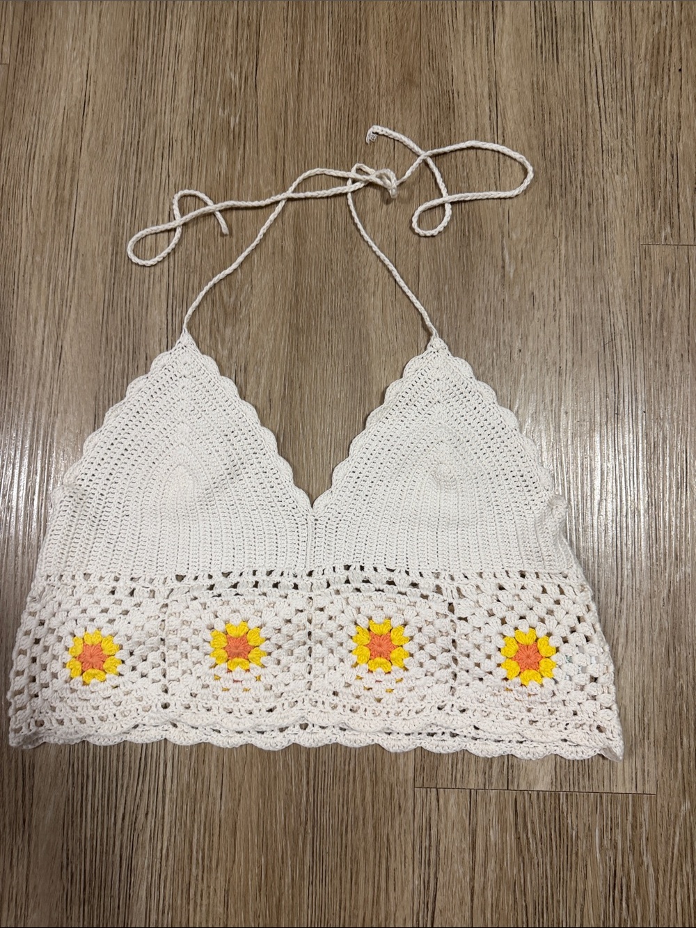 aerie White Crochet Halter Crop Top with Yellow & Orange Accents